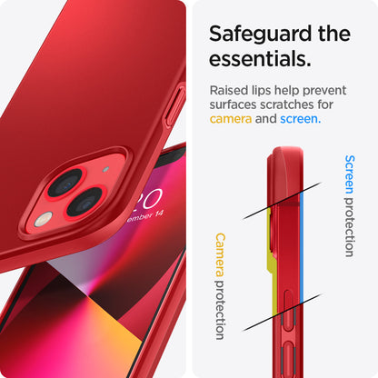 ACS03306 - iPhone 13 Mini Case Thin Fit in red showing the raised lips help prevent surfaces scratches for camera and screen. Screen protection and Camera protection