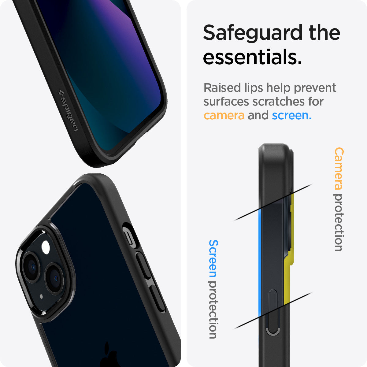 ACS03318 - iPhone 13 Mini Case Ultra Hybrid in matte black showing the raised lips help prevent surfaces scratches for camera and screen. Screen protection and Camera protection
