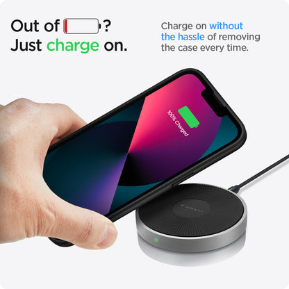 ACS03318 - iPhone 13 Mini Case Ultra Hybrid in matte black showing the charging on without the hassle of removing the case every time