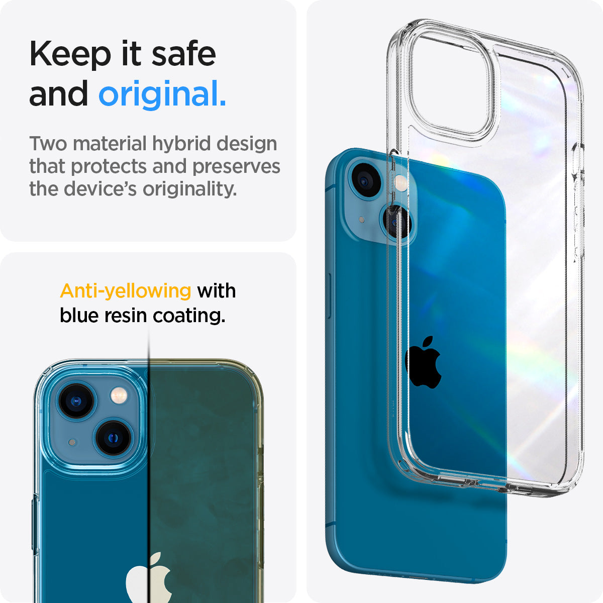ACS03317 - iPhone 13 Mini Case Ultra Hybrid in crystal clear showing the two material hybrid design that protects and preserves the device's originality. Anti-yellowing with blue resin coating