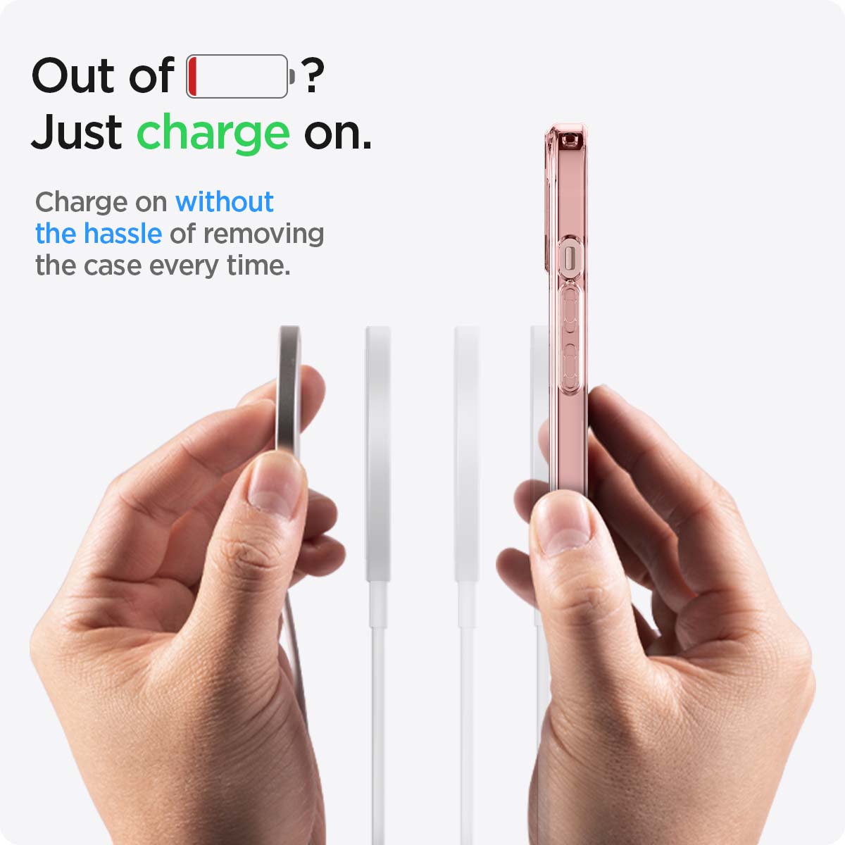 ACS03324 - iPhone 13 Mini Case Ultra Hybrid Mag Safe Compatible in rose crystal showing charging on without the hassle of removing the case every time