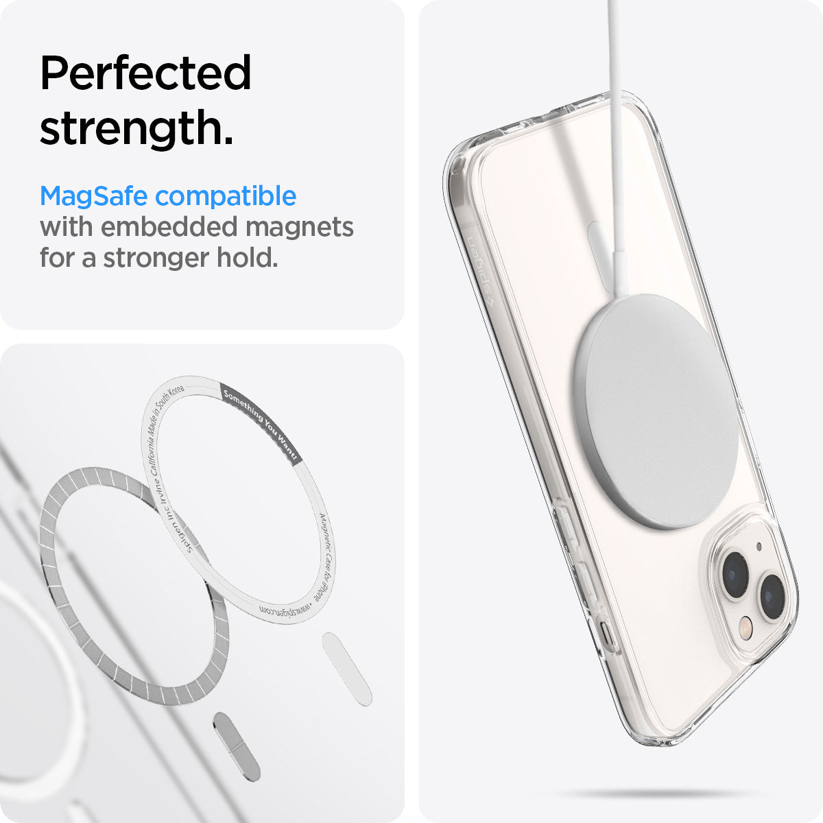 ACS03322 - iPhone 13 Mini Case Ultra Hybrid Mag Safe Compatible in white showing the perfected strength. MagSafe compatible with embedded magnets for a stronger hold
