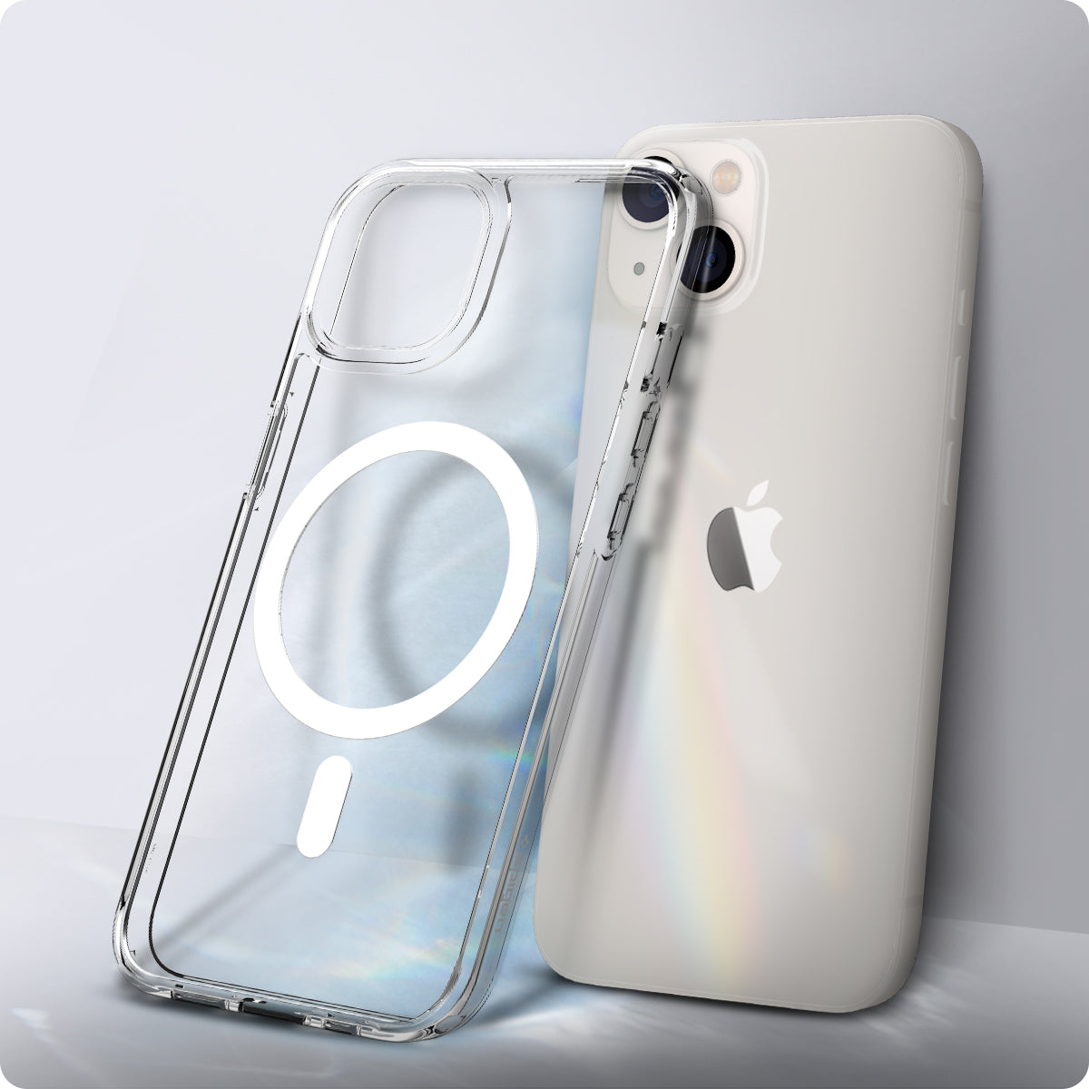 ACS03322 - iPhone 13 Mini Case Ultra Hybrid Mag Safe Compatible in white showing the back of the case leaning against the back of the device