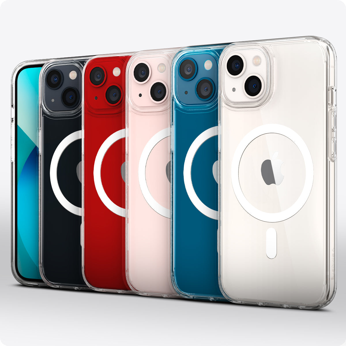 ACS03322 - iPhone 13 Mini Case Ultra Hybrid Mag Safe Compatible in white showing the multiple cases back and partial front showcasing different colors of the devices