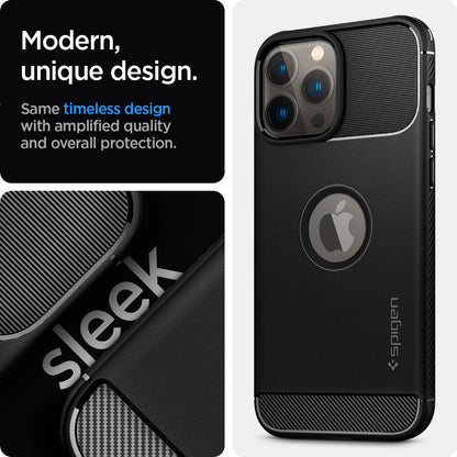 ACS03200 - iPhone 13 Pro Max Case Rugged Armor in matte black showing the modern, unique design. Same timeless design with amplified quality and overall protection