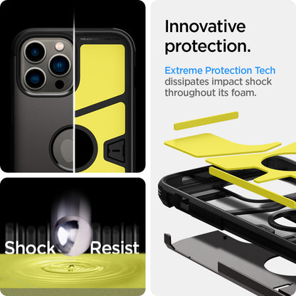 ACS03221 - iPhone 13 Pro Max Case Tough Armor in gunmetal showing the innovative protection. Extreme Protection Tech. Extreme Protection Tech dissipates impact shock throughout is foam
