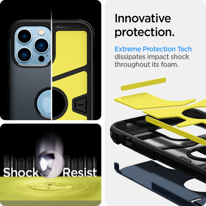 ACS03223 - iPhone 13 Pro Max Case Tough Armor in metal slate showing the innovative protection. Extreme Protection Tech dissipates impact shock throughout its foam