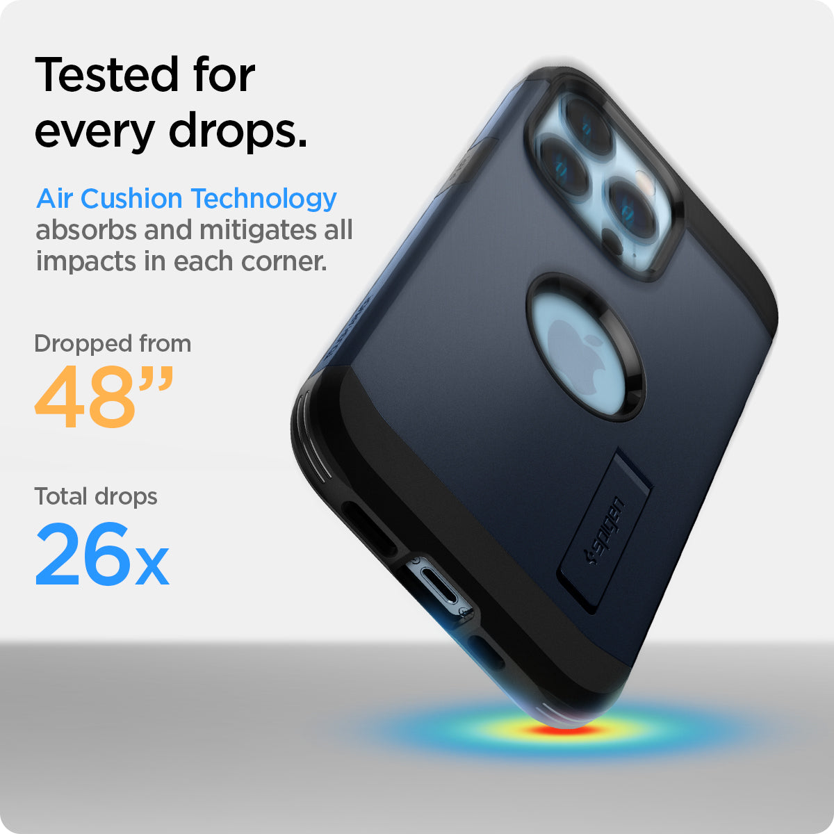 ACS03223 - iPhone 13 Pro Max Case Tough Armor in metal slate showing tested for every drops. Air Cushion Technology absorbs and mitigates all impacts in each corner. Dropped from 48" | Total drops 26x