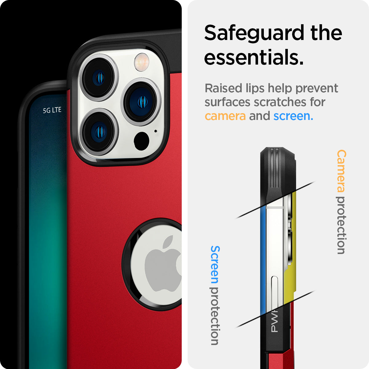 ACS03224 - iPhone 13 Pro Max Case Tough Armor in red showing the safeguard the essentials. Raised lips help prevent surfaces scratches for camera and screen.
