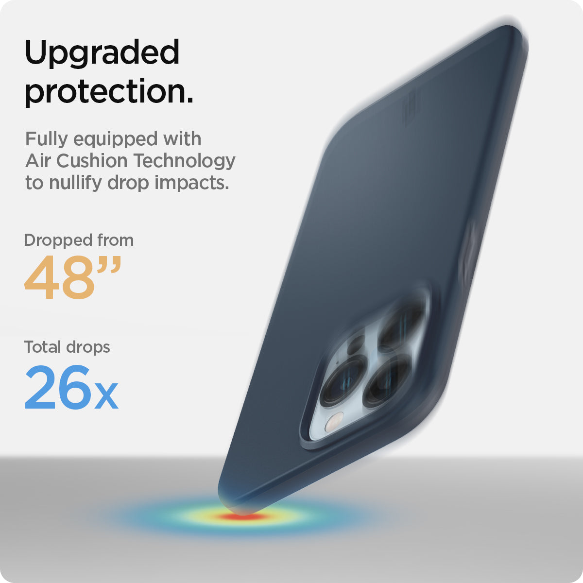 ACS03192 - iPhone 13 Pro Max Case Thin Fit in metal slate showing the upgraded protection. Fully equipped with Air Cushion Technology to nullify drop impacts. Dropped from 48" | Total drops 26x