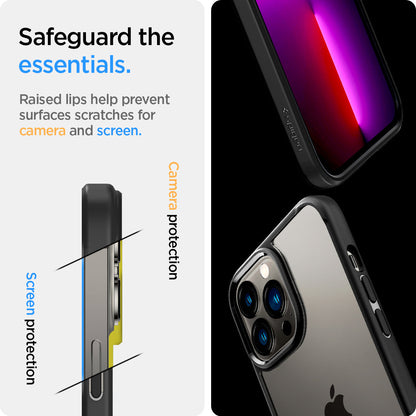 ACS03205 - iPhone 13 Pro Max Case Ultra Hybrid in matte black showing the raised lips help prevent surfaces scratches for camera and screen. Screen protection and Camera protection