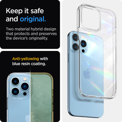 ACS03204 - iPhone 13 Pro Max Case Ultra Hybrid in crystal clear showing the two material hybrid design that protects and preserves the device's originality. Anti-yellowing with blue resin coating