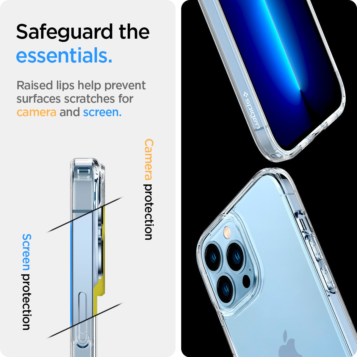 ACS03204 - iPhone 13 Pro Max Case Ultra Hybrid in crystal clear showing the raised lips help prevent surfaces scratches for camera and screen. Screen protection and Camera protection