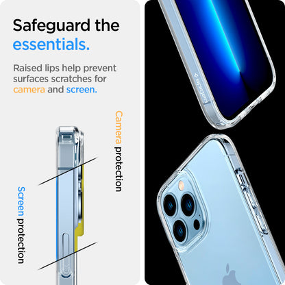 ACS03204 - iPhone 13 Pro Max Case Ultra Hybrid in crystal clear showing the raised lips help prevent surfaces scratches for camera and screen. Screen protection and Camera protection