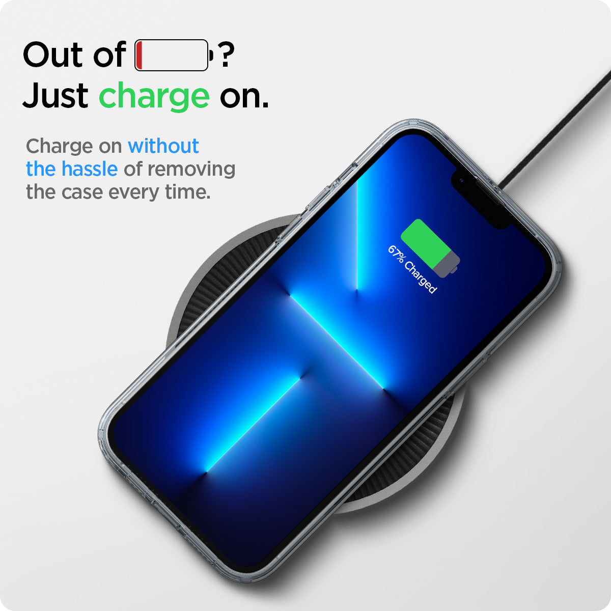 ACS03204 - iPhone 13 Pro Max Case Ultra Hybrid in crystal clear showing charging on without the hassle of removing the case every time