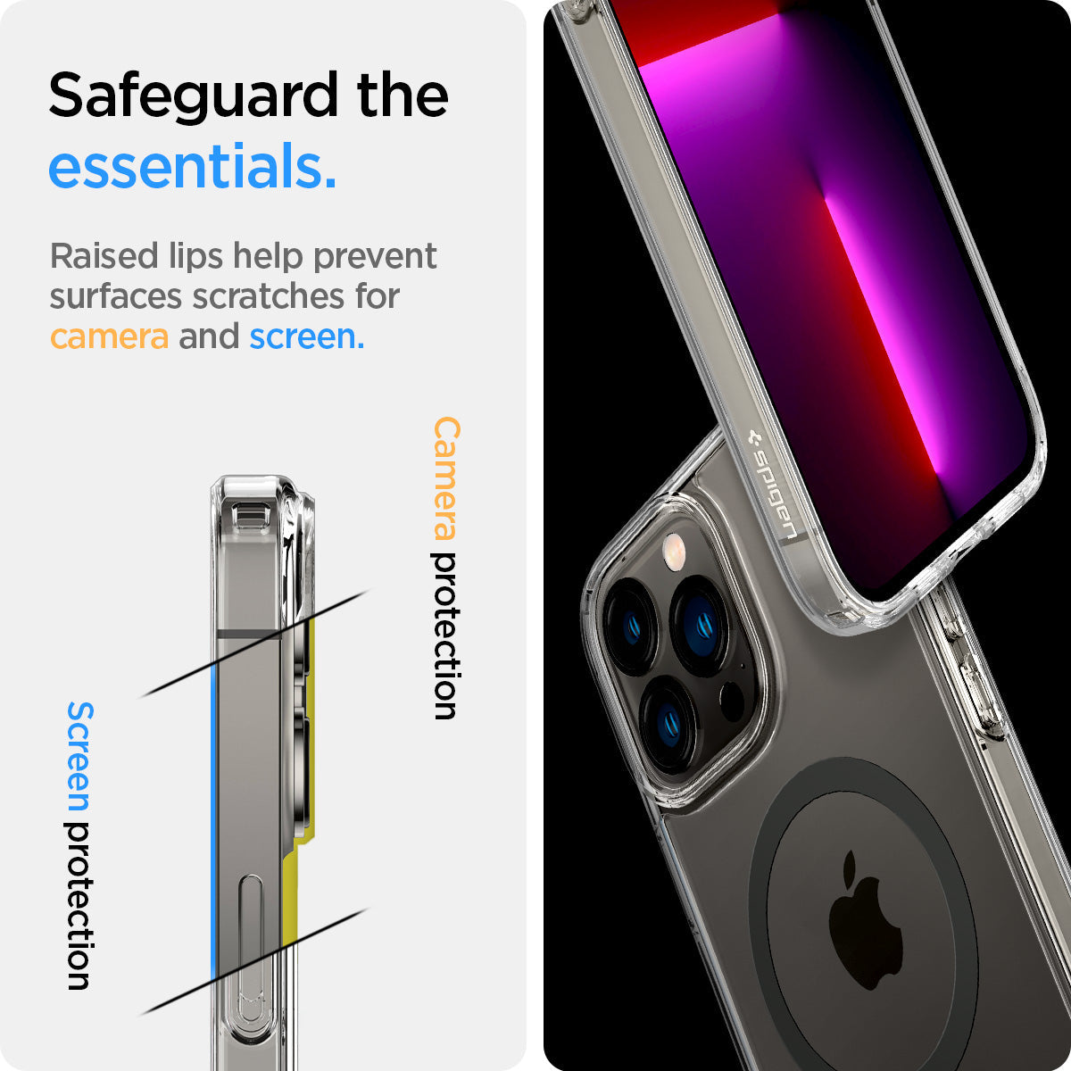 ACS03211 - iPhone 13 Pro Max Case Ultra Hybrid Mag Safe Compatible in graphite showing the raised lips help prevent surfaces scratches for camera and screen. Screen protection and camera protection