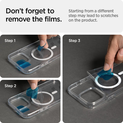 ACS03210 - iPhone 13 Pro Max Case Ultra Hybrid Mag Safe Compatible in white showing starting from a different step may lead t scratches on the product. Don't forget to remove the films