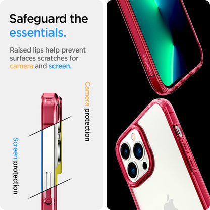 ACS03206 - iPhone 13 Pro Max Case Ultra Hybrid in red crystal showing the raised lips help prevent surfaces scratches for camera and screen. Screen protection and Camera protection
