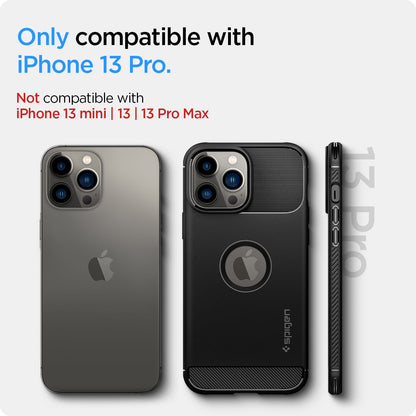 ACS03257 - iPhone 13 Pro Case Rugged Armor in black showing the compatibility only with iPhone 13 Pro. Not compatible with iPhone 13 mini | 13 | 13 Pro Max