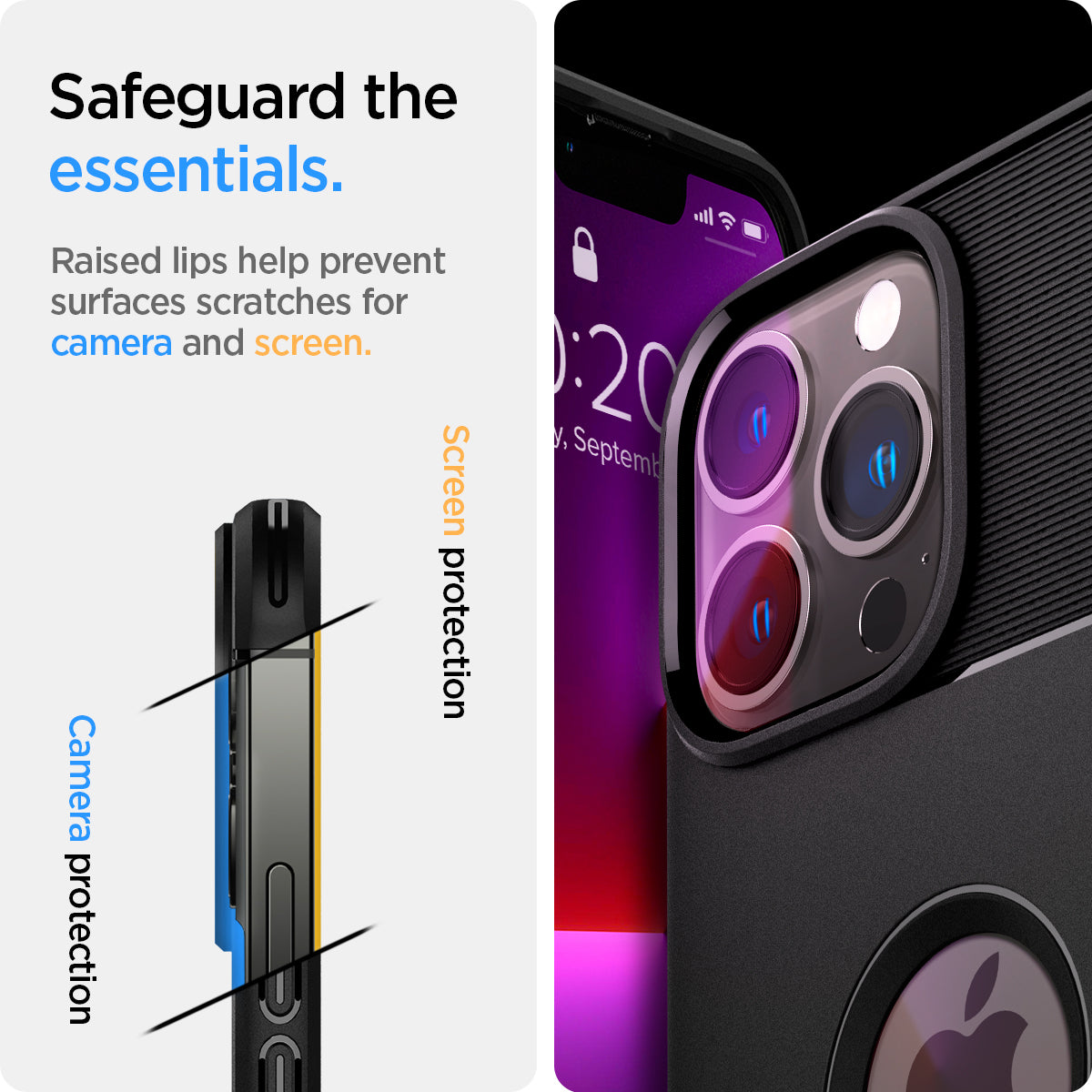 ACS03257 - iPhone 13 Pro Case Rugged Armor in black showing the raised lips help to prevent surfaces scratches for camera and screen. Camera protection and screen protection