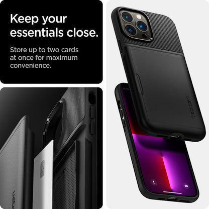 ACS03536 - iPhone 13 Case Slim Armor CS in black showing keep your essentials close. Store up to two cards at once for maximum convenience.