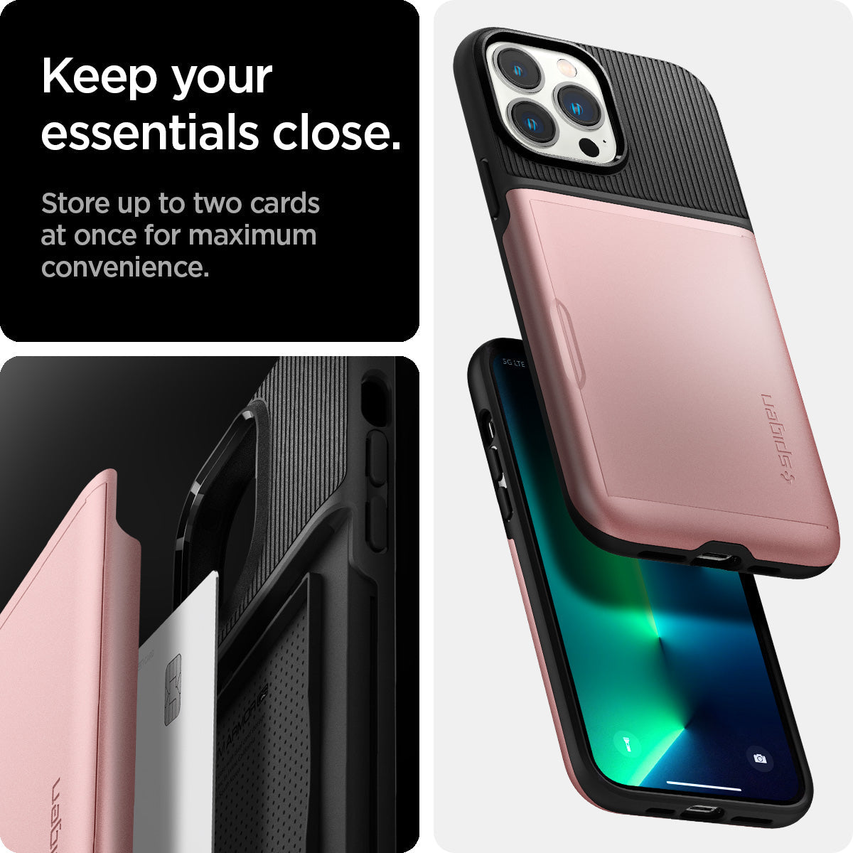 ACS03275 - iPhone 13 Pro Case Slim Armor CS in rose gold showing keep your essentials close. Store up to two cards at once for maximum convenience.