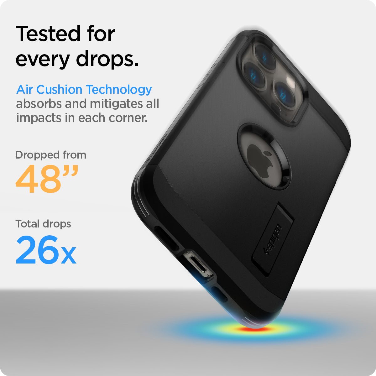 ACS03277 - iPhone 13 Pro Case Tough Armor in black showing tested for every drops. Air Cushion Technology absorbs and mitigates all impacts in each corner. Dropped from 48" | Total drops 26x