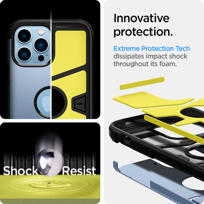 ACS03839 - iPhone 13 Pro Case Tough Armor in sierra blue showing the innovative protection. Extreme Protection Tech dissipates impact shock throughout its foam