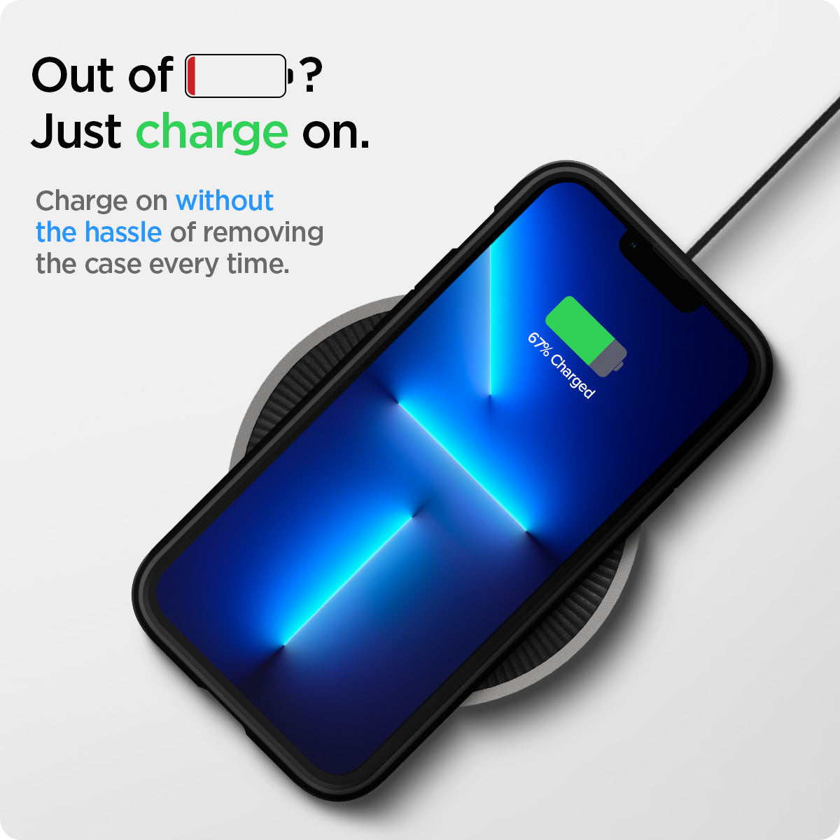 ACS03839 - iPhone 13 Pro Case Tough Armor in sierra blue showing the charging on without the hassle of removing the case every time