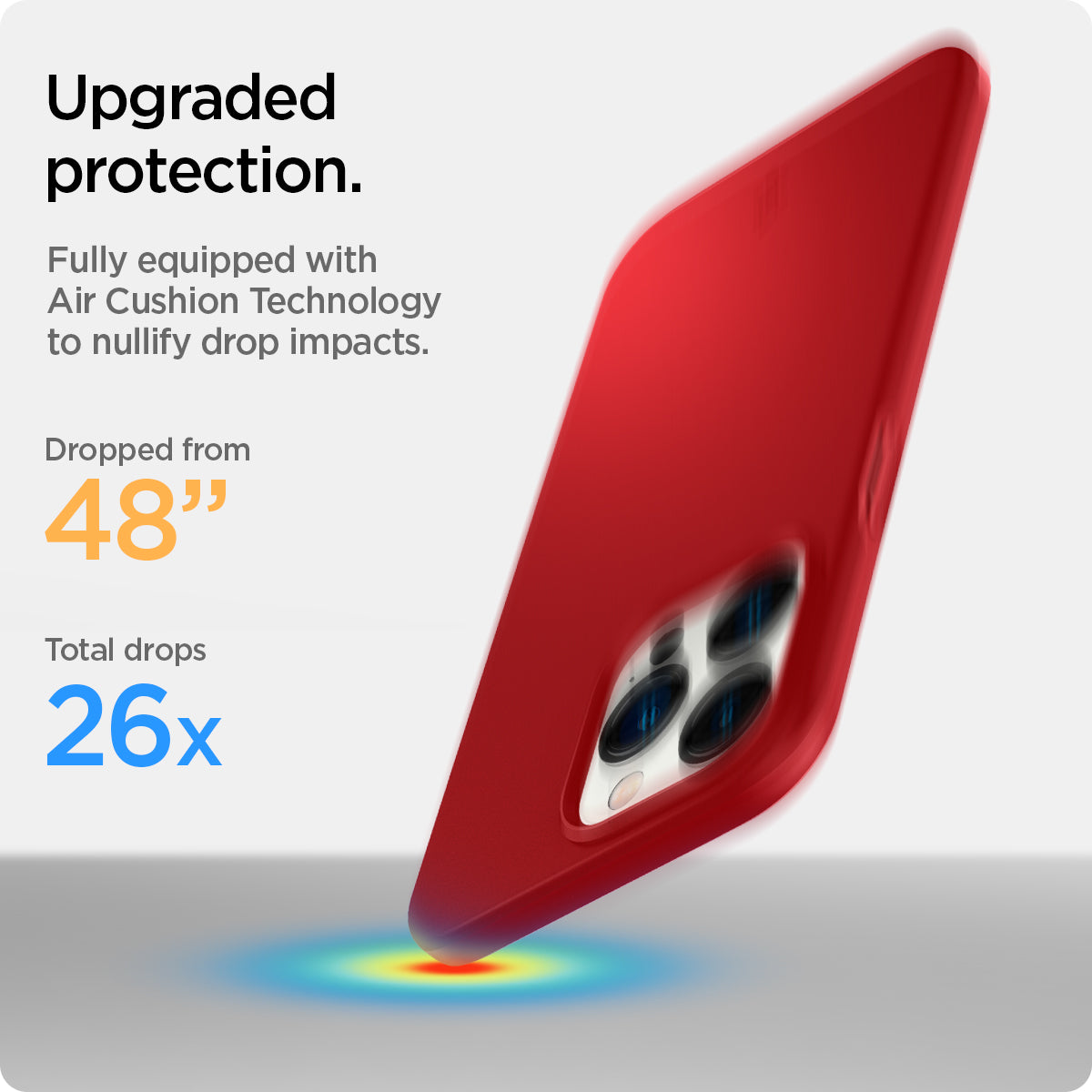 ACS03249 - iPhone 13 Pro Thin Fit in red showing the upgraded protection. Fully equipped with Air Cushion Technology to nullify drop impacts. Dropped from 48" | Total drops 26x
