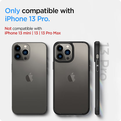 ACS03262 - iPhone 13 Pro Case Ultra Hybrid in matte black showing the compatibility only with iPhone 13 Pro. Not compatible with iPhone 13 mini | 13 | 13 Pro Max