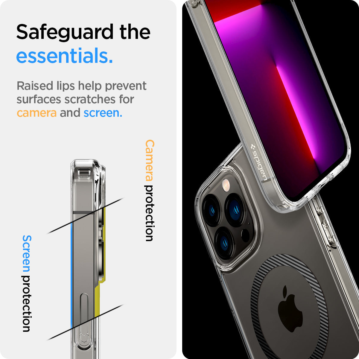ACS04085 - iPhone 13 Pro Case Ultra Hybrid Mag (MagFit) in carbon fiber showing the raised lips help prevent surfaces scratches for camera and screen. Screen protection and camera protection