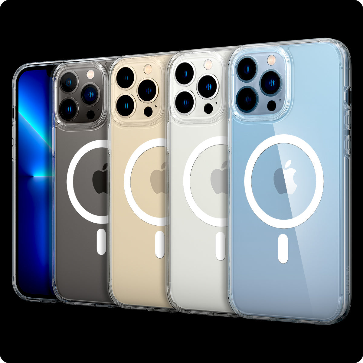 ACS03267 - iPhone 13 Pro Case Ultra Hybrid Mag Safe Compatible in white showing the multiple cases back and partial front showcasing different colors of the devices