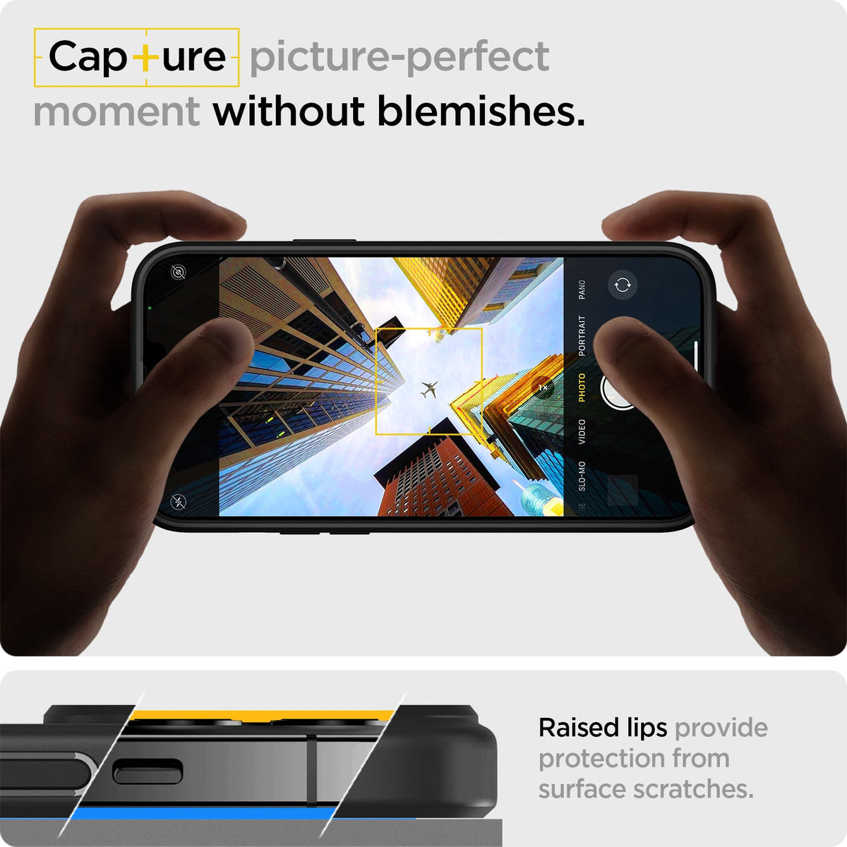 ACS03621 - iPhone 13 Pro Case Ultra Hybrid Matte in frost black showing the raised lips provide protection from surface scratches. Capture picture-perfect moment without blemishes