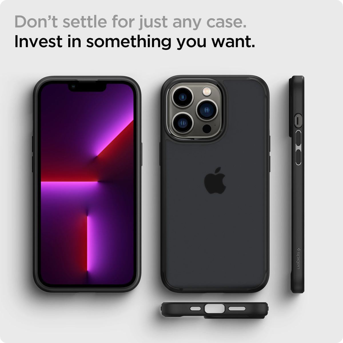 ACS03621 - iPhone 13 Pro Case Ultra Hybrid Matte in frost black showing the back, front, sides and bottom. Don't settle for just any case. Invest in something you want