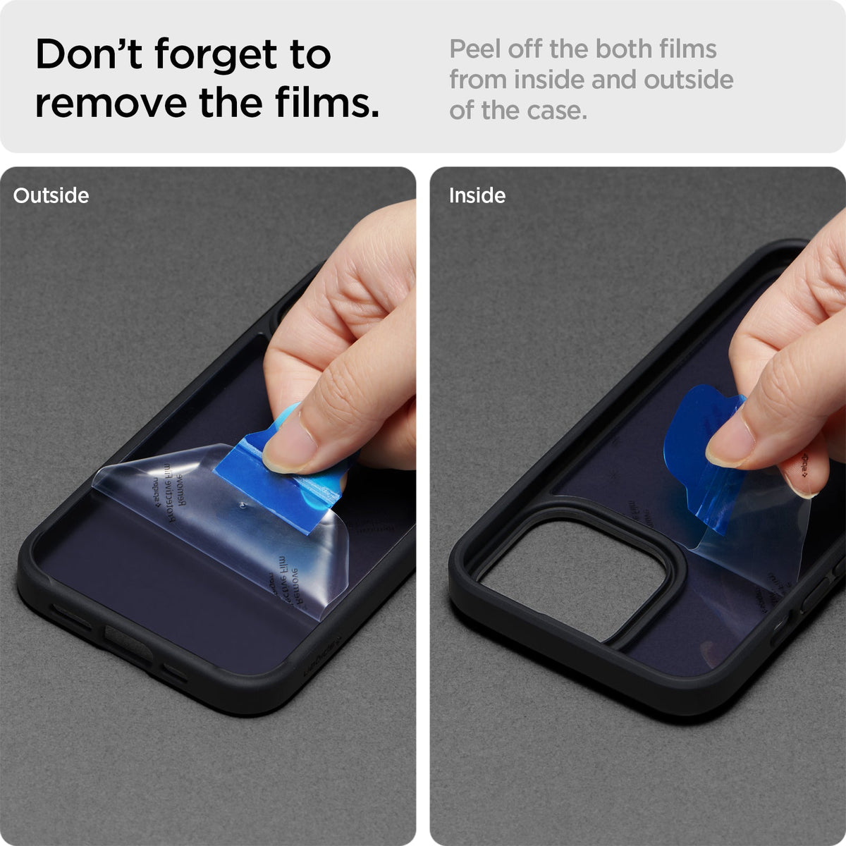 ACS03619 - iPhone 13 Pro Max Case Ultra Hybrid Matte in frost black showing peeling off both films form inside and outside of the case. Don't forget to remove the films