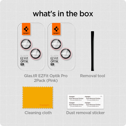 AGL07167 - iPhone 15 Plus Optik Pro EZ Fit Lens Protector in Pinky what's in the box. Glas.tR EZFit Optik Pro 2Pack (black), Removal tool, Cleaning tool, Dust removal sticker.
