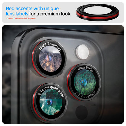 AGL05217 - iPhone 16 Pro / 16 Pro Max Optik Pro Lens Protector L-series red accents with unique lens labels for a premium look. canon L series lenses inspired.