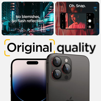 AGL05217 - iPhone 15 Pro / 15 Pro Max Optik Pro Lens Protector L-series showing the no blemishes, no flash reflection oh, snap, original quality.