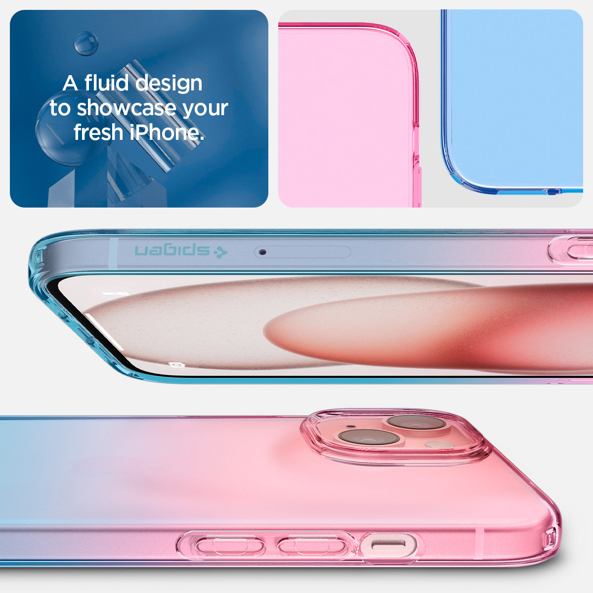 ACS06787 - iPhone 15 Case Liquid Crystal in gradation pink showing a fluid design to showcase your fresh iPhone with Blue resin
