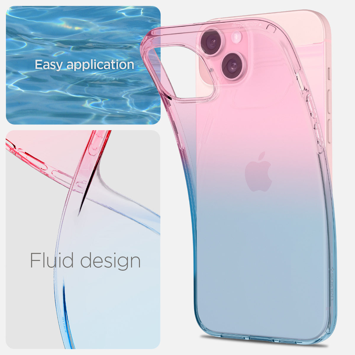 ACS06787 - iPhone 15 Case Liquid Crystal in gradation pink showing the easy application with fluid design
