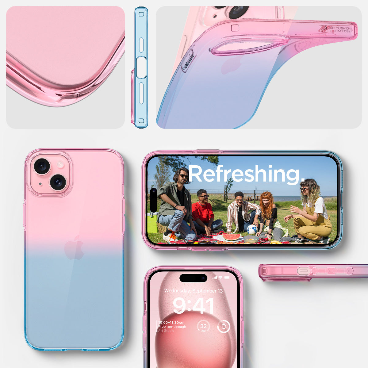 ACS06787 - iPhone 15 Case Liquid Crystal in gradation pink showing the different angles