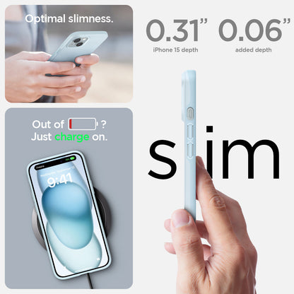 ACS06781 - iPhone 15 Case Thin Fit in mute blue the 0.31" iPhone 15 Plus depth. 0.06" added depth optimal slimness. out of battery? just charge on.