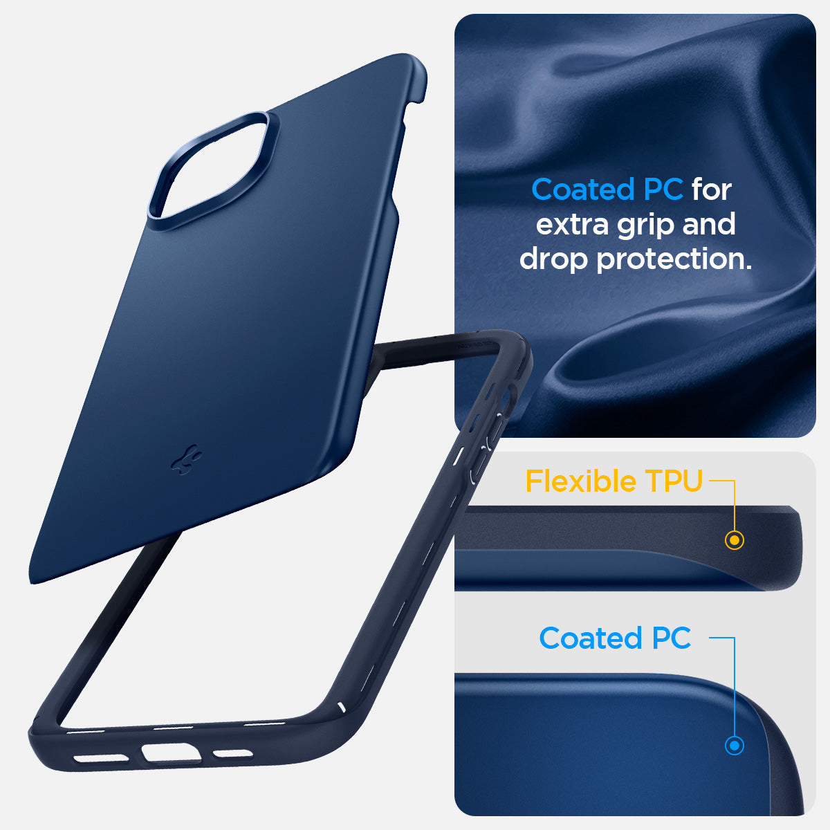 ACS06777 - iPhone 15 Case Thin Fit in navy blue coated PC for extra grip and drop protection. Flexible TPU, Coated PC.