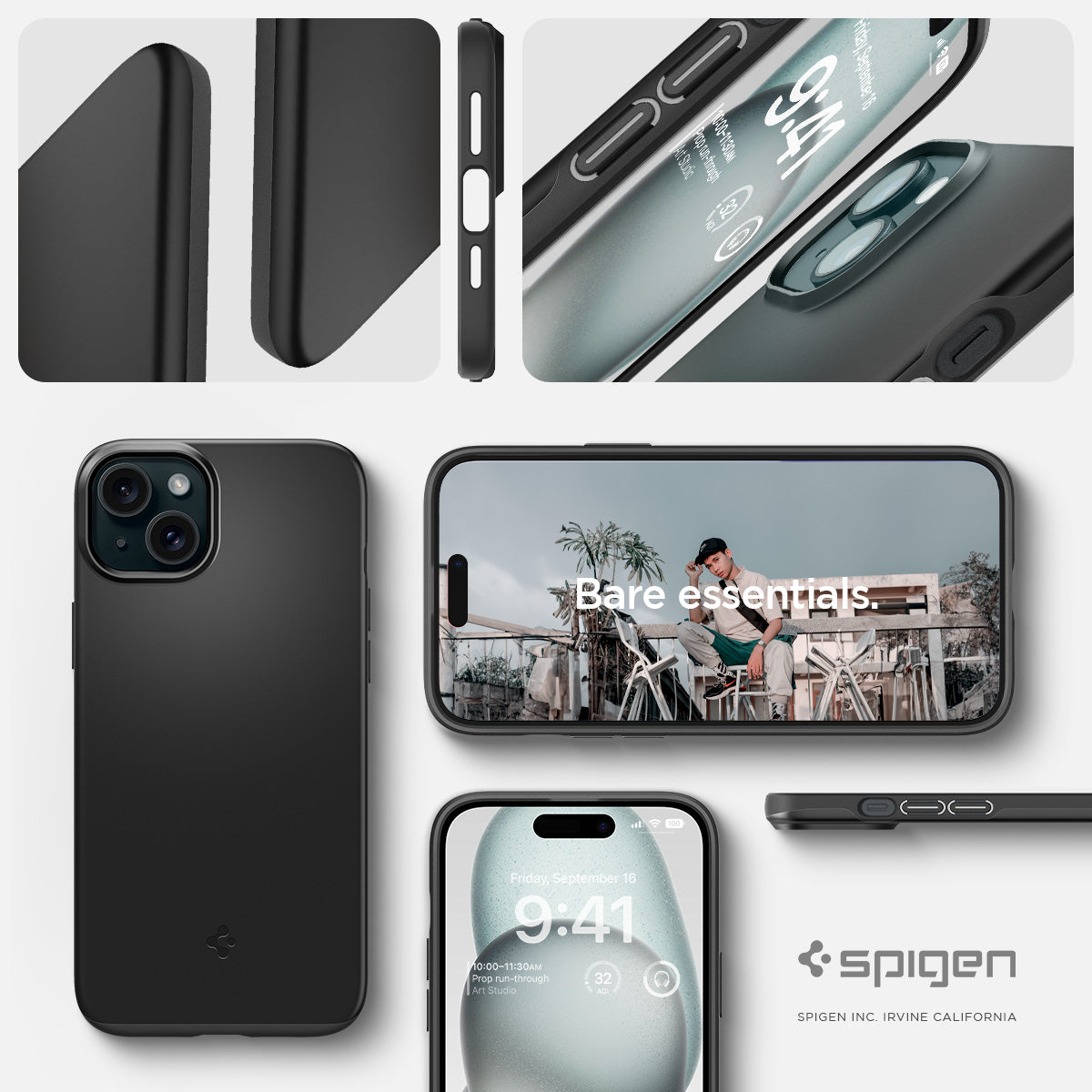 ACS06639 - iPhone 15 Plus Case Thin Fit in black bare essentials. spigen.
