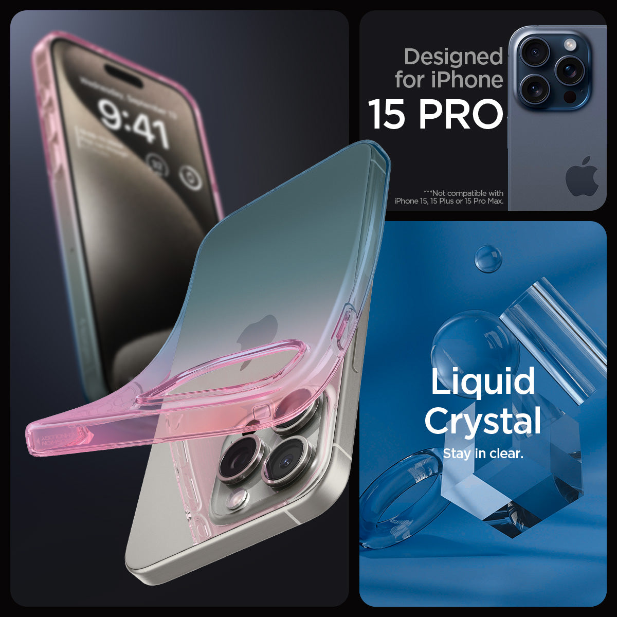 ACS06700 - iPhone 15 Pro Case Liquid Crystal in gradation pink showing the compatibility only with iPhone 15 Pro. Not compatible with iPhone 15 Plus | 15 Pro | 15 Pro Max