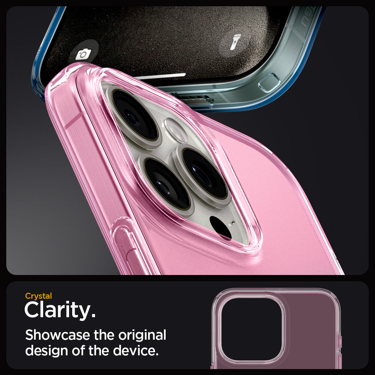 ACS06700 - iPhone 15 Pro Case Liquid Crystal in gradation pink showing the crystal clarity. Showcase the original design of the device