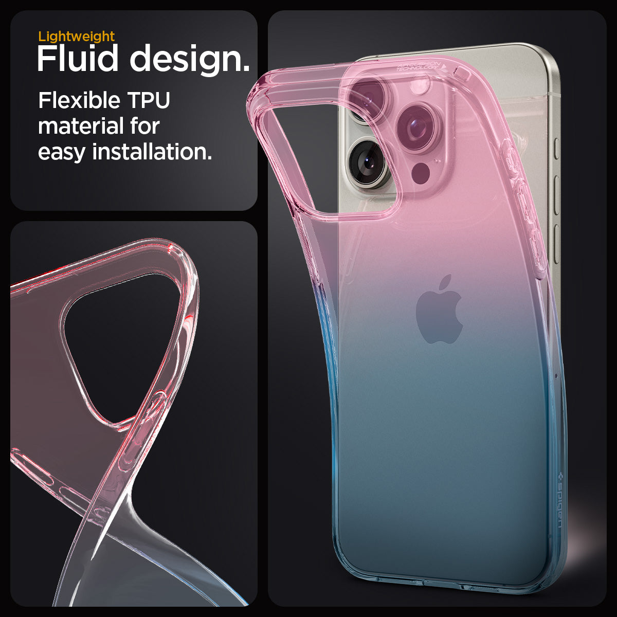 ACS06700 - iPhone 15 Pro Case Liquid Crystal in gradation pink showing the lightweight Fluid design. Flexible TPU material for easy installation