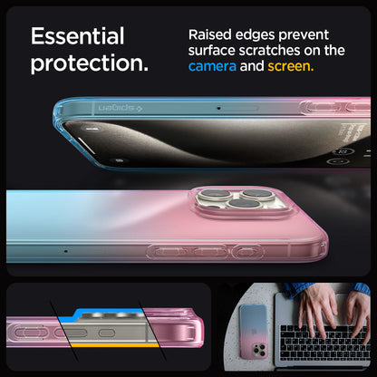 ACS06700 - iPhone 15 Pro Case Liquid Crystal in gradation pink showing the essential protection. Raised edges prevent surface scratches on the camera and screen