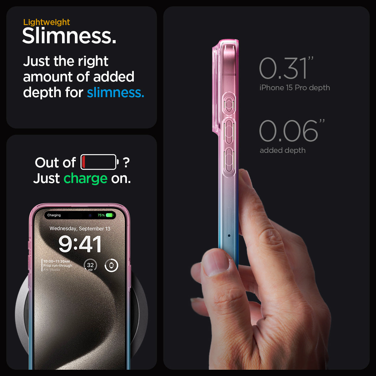ACS06700 - iPhone 15 Pro Case Liquid Crystal in gradation pink showing the lightweight slimness. Just the right amount of added depth for slimness. 0.31" iPhone 15 Pro Max depth | 0.06" added depth